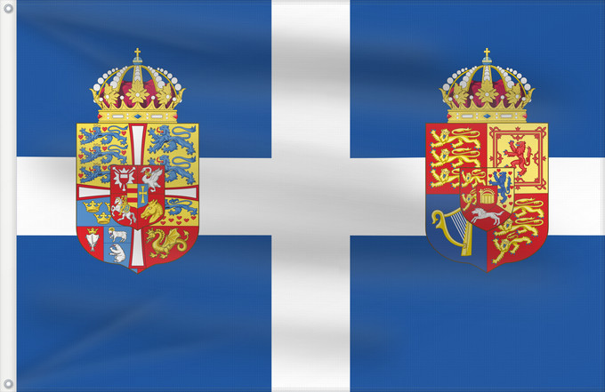 Bandera, con dos ojales metálicos y lado del asta reforzado: Personal flag of Queen Frederica of Greece	The Personal flag of Queen consort Frederica of Greece	Drapeau personnel de la reine Frédérique de Grèce	Bandera personal de la Reina Federica de Grecia	Persönliche Flagge von Königin Friederike von Griechenland	