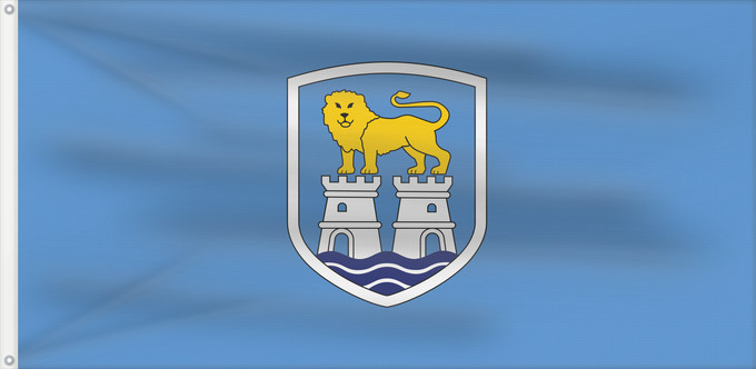 Drapeau, avec deux œillets métalliques et guindant renforcé : Umaga City of Umag Ville d'Umag Ciudad de Umag Stadt Umag Della Città di Umago Grada Umaga Mesta Umaga