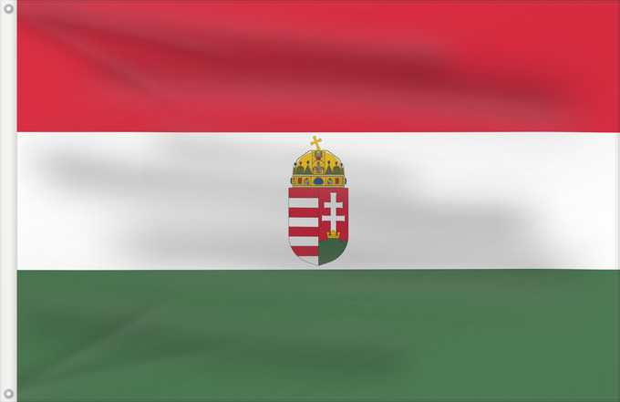 Flagge, mit zwei Metallösen und verstärktem Besatzband: Hungary with arms National flag of Hungary with arms ► Hongrie avec armoiries Hungría con escudo Ungarn mit Wappen Ungheria con stemma Maloficiala nacia flago de Hungario kun blazono Magyarország címeres polgári zászlója magyar zászló ►