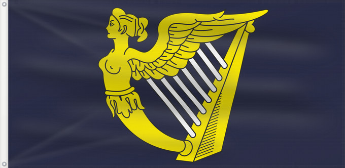 Drapeau, avec deux œillets métalliques et guindant renforcé : Blue winged-maiden harp	Royal Standard of the United Kingdom (third quartering)	Étendard royal du Royaume-Uni (troisième quartier)	Estandarte Real del Reino Unido (tercer cuartel)	Königsstandarte des Vereinigten Königreichs (drittes Viertel)	Stendardo Rea