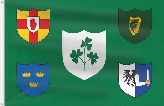 Drapeau, avec deux œillets métalliques et guindant renforcé : IRFU IRFU flag first made public in 1925, comprised of the traditional four provinces of Ireland shields and other older elements