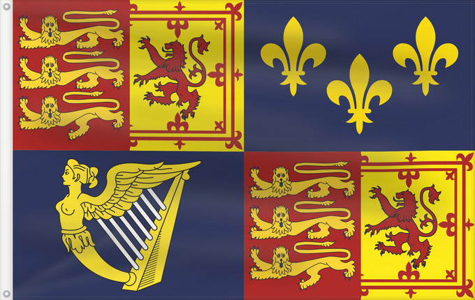 Flagge, mit zwei Metallösen und verstärktem Besatzband: Royal Standard of Great Britain  1707-1714	Royal Standard of Great Britain (1707-1714)	Étendard Royal de Grande-Bretagne (1707-1714)	Estandarte Real de Gran Bretaña (1707-1714)	Königsstandarte von Großbritannien (1707-1714)	Stendardo Reale di Gran Bretagn