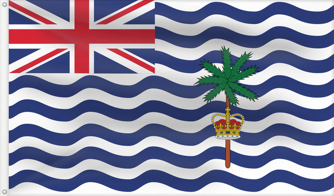Drapeau, avec deux œillets métalliques et guindant renforcé : Commissioner of the British Indian Ocean Territory	British Indian Ocean Territory	Territoire britannique de l océan Indien	Territorio Británico del Océano Índico	Britisches Territorium im Indischen Ozean	Territorio Britannico dell Oceano Indiano	Bryttisca