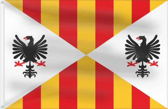 Bandera, con dos ojales metálicos y lado del asta reforzado: Kingdom of Sicily	Imaginary flag of the Kingdom of Sicily  combining the 14th-century royal coat of arms with an early modern naval jack format	Royaume de Sicile	Reino de Sicilia	Königreichs Sizilien	Regno di Sicilia	D’’o Regno d’’a Sicilia	Bannera dû Reg