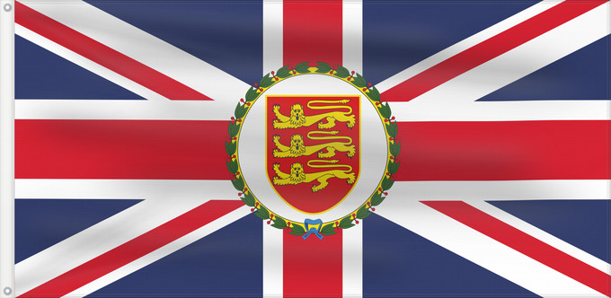 Bandera, con dos ojales metálicos y lado del asta reforzado: Lieutenant Governor of Jersey Lieutenant-Gouverneur de Jersey Teniente Gobernador de Jersey Lieutenant Governor von Jersey Luogotenente Governatore di Jersey