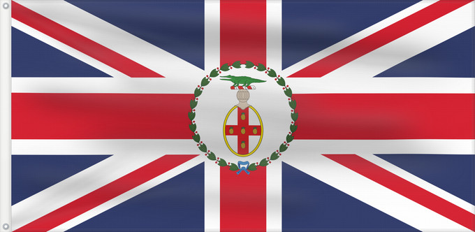 Bandera, con dos ojales metálicos y lado del asta reforzado: Governor of Jamaica  1875–1906	Governor of Jamaica between 1875 - 1906	Gouverneur de la Jamaïque (1875–1906)	Gobernador de Jamaica (1875–1906)	Gouverneur von Jamaika (1875–1906)	Governatore della Giamaica (1875–1906)