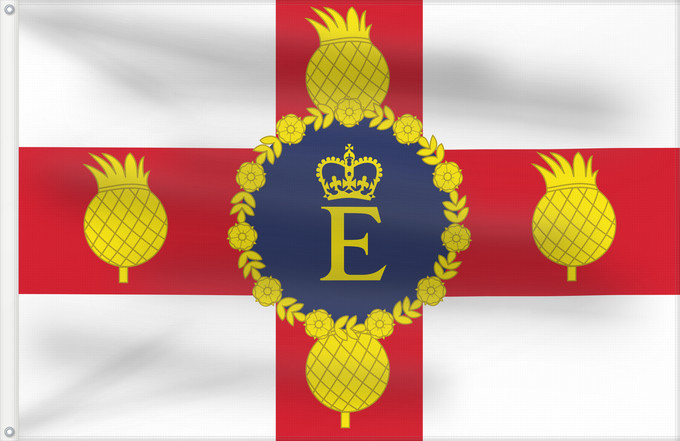 Bandera, con dos ojales metálicos y lado del asta reforzado: Royal Standard of Jamaica  1966–2022	Queen Elizabeth II s personal flag for use in Jamaica	Étendard Royal de Jamaïque (1966–2022)	Estandarte Real de Jamaica (1966–2022)	Königsstandarte von Jamaika (1966–2022)	Stendardo Reale della Giamaica (1966–2022)