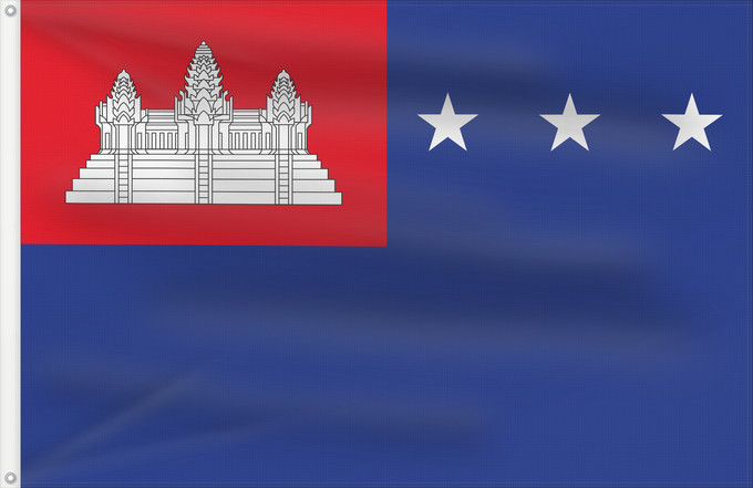 Bandera, con dos ojales metálicos y lado del asta reforzado: Khmer Republic	Khmer Republic, in use from October 1970 to 1975	République khmère	República Khmer (1970–1975)	Khmer-Republik (1970–1975)	Repubblica Khmer (1970–1975)