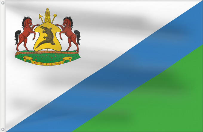 Flag, with two metal eyelets and reinforced hoist: Royal Standard of Lesotho 1987–2006 Royal Standard of Lesotho between 1987 - 2006 Étendard Royal du Lesotho (1987–2006) Estandarte Real de Lesoto (1987–2006) Königsstandarte von Lesotho (1987–2006) Stendardo Reale del Lesotho (1987–2006)