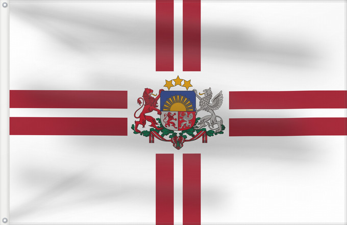 Flagge, mit zwei Metallösen und verstärktem Besatzband: President of Latvia	Presidential Standard of Latvia	Étendard présidentiel de Lettonie	Estandarte Presidencial de Letonia	Standarte des Präsidenten von Lettland	Stendardo presidenziale della Lettonia
