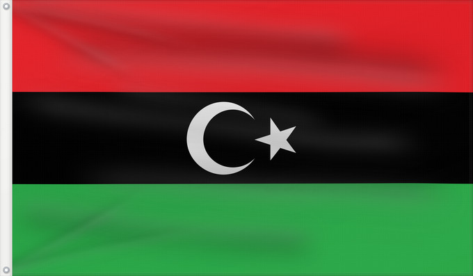 Drapeau, avec deux œillets métalliques et guindant renforcé : Libyan protesters flag observed 2011 Variant observed to be used by some Libyan rebels against Ghaddafi on TV news reports etc