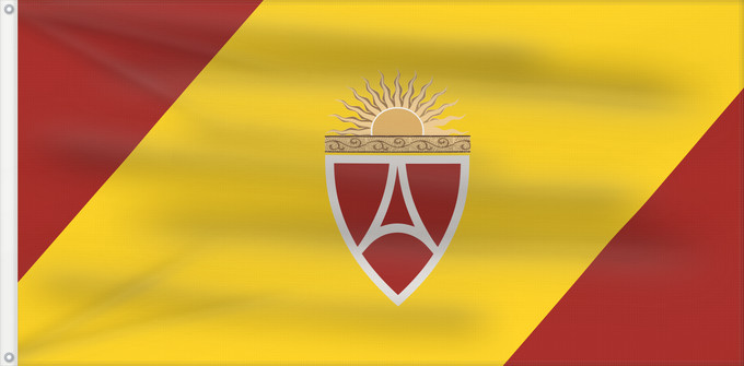 Bandiera, con due occhielli metallici e lato dell'asta rinforzato: Aerodrom Municipality, North Macedonia	New flag of Aerodrom Municipality, Macedonia	Municipalité d'Aerodrom (Nouveau drapeau, Macédoine)	Municipio de Aerodrom (Nueva bandera, Macedonia)	Gemeinde Aerodrom (Neue Flagge, Mazedonien)	Comune di Aerodrom (Nuova