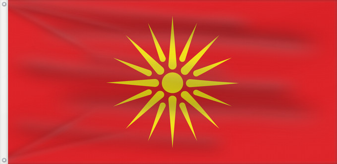 Flagge, mit zwei Metallösen und verstärktem Besatzband: Macedonia  1992–1995	Macedonia, 1992–1995	Macédoine (1992–1995)	República de Macedonia  1992-95	Mazedonien (1992–1995)	Macedonia (1992–1995)	Знаме на Република Македонија  1992–1995	Прапор Республіки Македонія