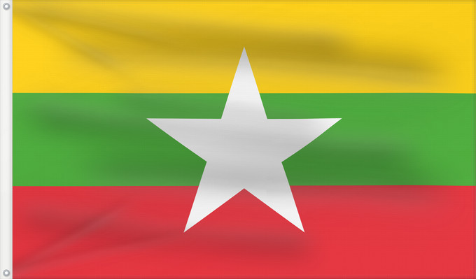 Flagge, mit zwei Metallösen und verstärktem Besatzband: Myanmar	Myanmar (Burma)	Birmanie	Es Birmania	Birmania	Myanmar  Birma	Mianmar	علم ماينمار	মায়ানমারের জাতীয় পতাকা	মায়ানমারর ফিরালহান	Myanmars flag  Tidligere Burma	Mjanmao	म्यान्मार का ध्वज	미얀마의 국기	Mianmaro	မြန်မာနိုင်ငံ အလံတော်	Флаг Мьянмы	Mjanmarska	Mj