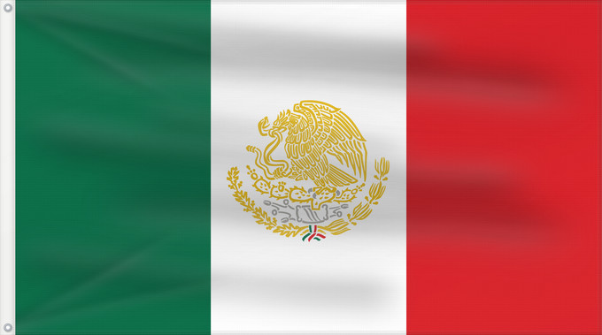 Flag, with two metal eyelets and reinforced hoist: Mexico with Golden and Silver Arms Variant of the Mexican flag with golden coat of arms Variante du drapeau du Mexique avec les armes de couleur or Variante de la bandera de México con el escudo coloreado en oro Variante der Flagge Mexikos mit goldenen Wa