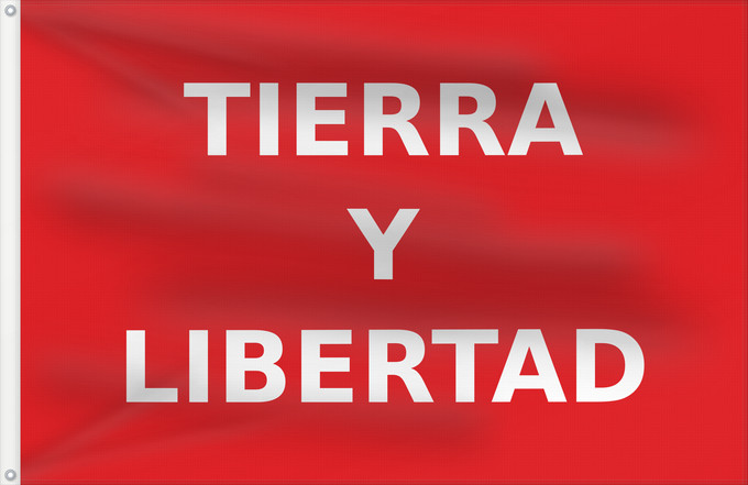 Drapeau, avec deux œillets métalliques et guindant renforcé : Partido Liberal Mexicano Roja con el lema Tierra y Libertad en letras blancas usada por los guerrilleros del Partido Liberal Mexicano durante la Revolución Mexicana