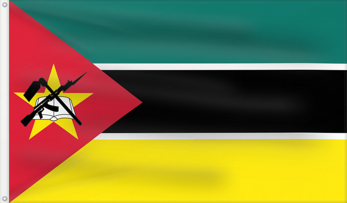Bandera, con dos ojales metálicos y lado del asta reforzado: Mozambique	Mosambik	Mozambico	Moçambique	علم موزمبيق	Mozambiko	Mozambikas Republikas	Sainan i Maozambika	Флаг Мозамбика	Mozambika	Musaanbiiq	Moçambiques	Msumbiji