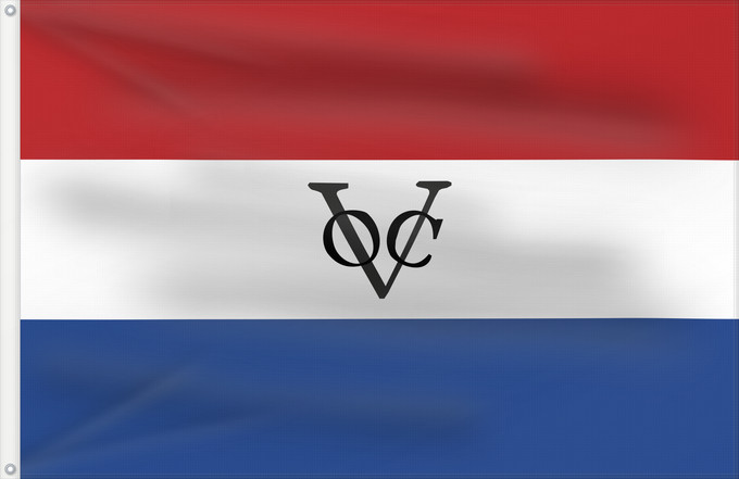 Flagge, mit zwei Metallösen und verstärktem Besatzband: Dutch East India Company	Compagnie néerlandaise des Indes orientales	Compañía Holandesa de las Indias Orientales	Niederländische Ostindien-Kompanie	Compagnia olandese delle Indie orientali	Vereenigde Oost-Indische Compagnie	Das Índias Orientais Neerlandes