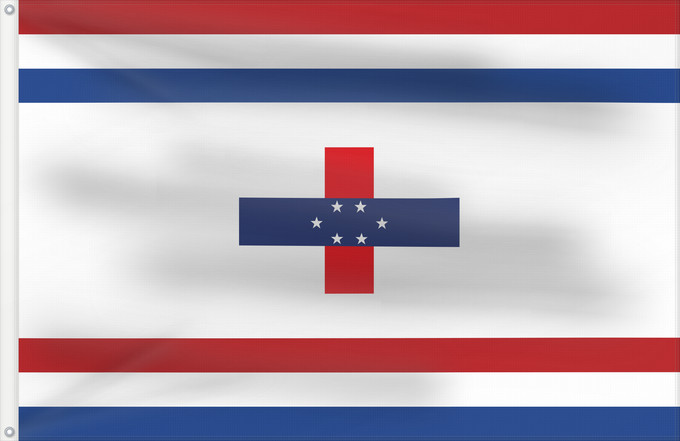 Flagge, mit zwei Metallösen und verstärktem Besatzband: Governor of the Netherlands Antilles 1966–1986 Governor of the Netherlands Antilles between 1966-1986 Gouverneur des Antilles néerlandaises (1966-1986) Gobernador de las Antillas Neerlandesas (1966-1986) Generalstatthalter der Niederländischen Antillen (