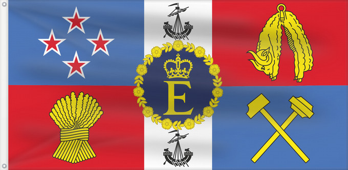 Flagge, mit zwei Metallösen und verstärktem Besatzband: Royal Standard of New Zealand  1962–2022	Queen Elizabeth II s personal flag for New Zealand	Étendard royal de Nouvelle-Zélande (1962–2022)	Estandarte Real de Nueva Zelanda (1962–2022)	Königsstandarte von Neuseeland (1962–2022)	Stendardo Reale della Nuova 
