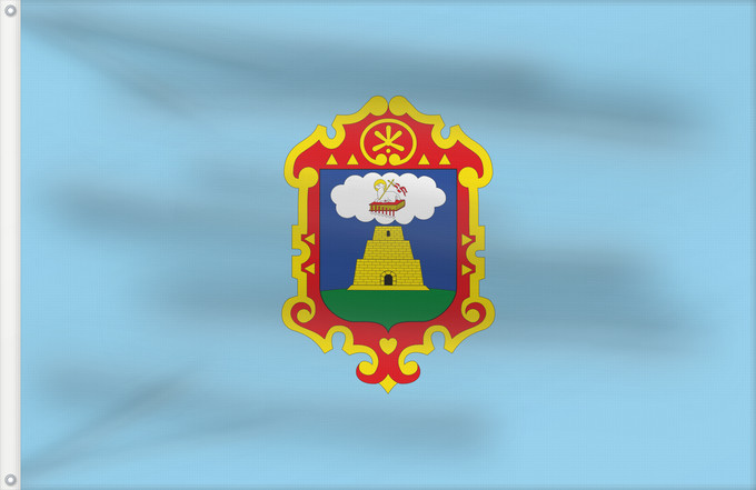 Bandera, con dos ojales metálicos y lado del asta reforzado: Ayacucho	Ayacucho city.  Peru	Ciudad de Ayacucho  Perú