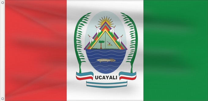 Bandera, con dos ojales metálicos y lado del asta reforzado: Ucayali	Réplica de la bandera con el escudo región Ucayali según el Atlas de la Región Ucayali  noviembre de 2009