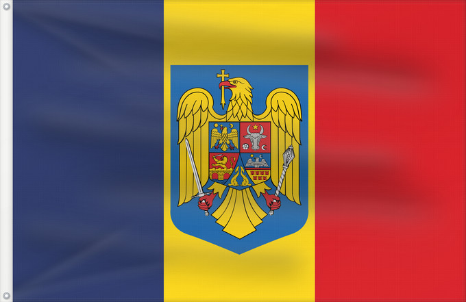 Flagge, mit zwei Metallösen und verstärktem Besatzband: Romania coat of arms	Romania with the coat of arms