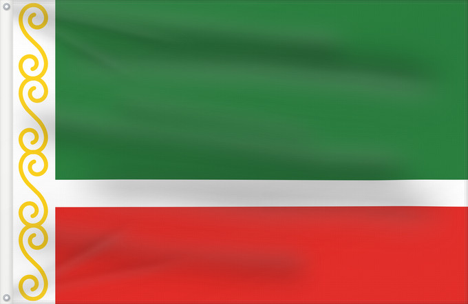 Flagge, mit zwei Metallösen und verstärktem Besatzband: Chechen Republic	Chechenia	Tschetschenische	Cecenia	Байракх Нохчийн Республикан	Флаг Чеченской Республики	Парчами Ҷумҳурии Чеченистон	Стяг Чеченської Республіки Російської Федерації