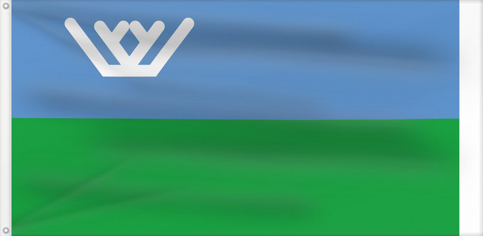 Drapeau, avec deux œillets métalliques et guindant renforcé : Yugra Khanty-Mansi Autonomous Okrug Le district autonome des Khantys-Mansis Iougra distrito autónomo de Janti-Mansi - Yugra Autonome Kreis der Chanten und Mansen Флаг Ханты-Мансийского автономного округа — Югры