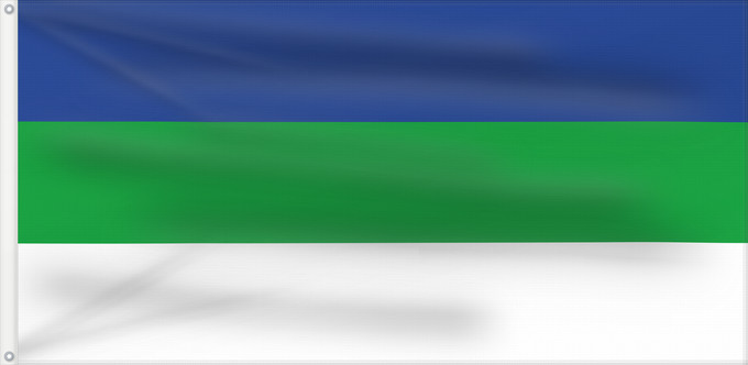 Flagge, mit zwei Metallösen und verstärktem Besatzband: Komi 1991	State Flag of the Komi Republic 1991-1997, Russia	République de Komi (1991-1997)	República de Komi (1991-1997)	Republik Komi (1991-1997)	Repubblica di Komi (1991-1997)	Коми Республикаса дöрапас 1991-1997	Государственный флаг Республики Коми 1991