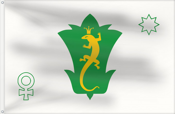 Drapeau, avec deux œillets métalliques et guindant renforcé : Polevskoy	Polevskoy  Sverdlovsk oblast  town flag  from left to right  the Venus symbol  ♀	Полевской  Свердловская область