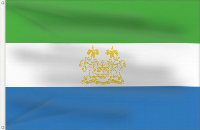Bandera, con dos ojales metálicos y lado del asta reforzado: Standard of Ambassadors of Sierra Leone	Étendard des ambassadeurs de Sierra Leone	Estandarte de Embajadores de Sierra Leona	Standarte der Botschafter von Sierra Leone	Stendardo degli ambasciatori della Sierra Leone	Standard of ambassadors of Sierra Leone