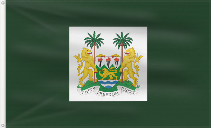 Bandera, con dos ojales metálicos y lado del asta reforzado: President of Sierra Leone	Presidential standard of Sierra Leone	Étendard présidentiel de Sierra Leone	Estandarte presidencial de Sierra Leona	Präsidentenstandard Sierra Leone	Stendardo presidenziale della Sierra Leone	Standard of the President of Sierra L