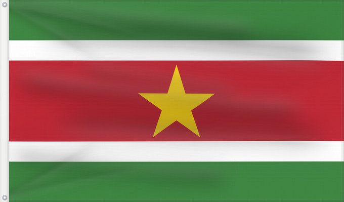 Flag, with two metal eyelets and reinforced hoist: Suriname	Surinam	সুরিনামের জাতীয় পতাকা	Surinamo	Fan Suriname	सूरीनाम का ध्वज	Bendéra Suriname	Surinamiae	Vun Surinam	Unancha Surinam	Styago Suriname	Флаг Суринама	Surinama	Fraga fu den Ripoliku Sranan	פאן סורינאםס