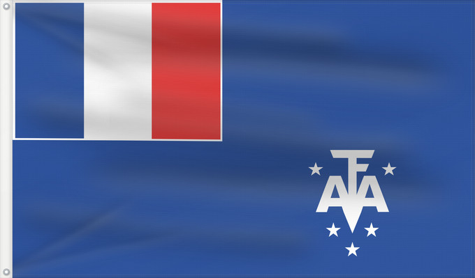 Bandera, con dos ojales metálicos y lado del asta reforzado: French Southern and Antarctic Lands En French Southern and Antarctic Lands Terres australes et antarctiques françaises Administrador Superior de los Territorios Australes Franceses Französische Süd- und Antarktisgebiete Territori francesi meridionali Fran