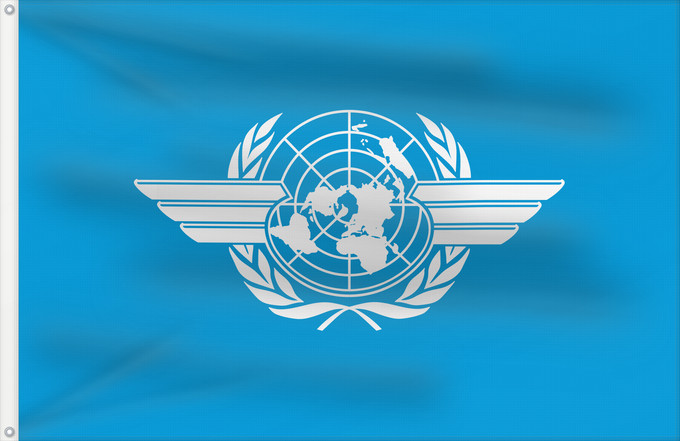 Bandera, con dos ojales metálicos y lado del asta reforzado: ICAO	International Civil Aviation Organization	L Organisation de l aviation civile internationale