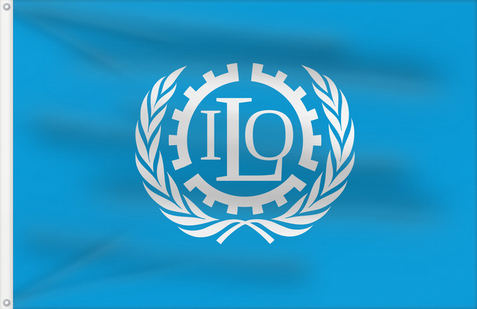 Flag, with two metal eyelets and reinforced hoist: ILO International Labour Organization Organisation internationale du travail Internationale Arbeitsorganisation Dell Organizzazione Internazionale del Lavoro