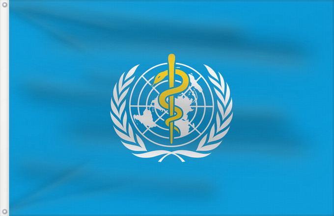 Drapeau, avec deux œillets métalliques et guindant renforcé : WHO World Health Organization L Organisation mondiale de la santé 世界衛生組織的旗幟。