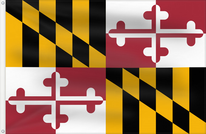 Bandera, con dos ojales metálicos y lado del asta reforzado: Maryland Stanowa Marylandu ᎺᎵᏂ ᎦᏓᏘ Ka hae Melelana Terræ Mariæ Méelin Hahoodzo bidah naatʼaʼí Флаг Мэриленда Američke savezne države Maryland