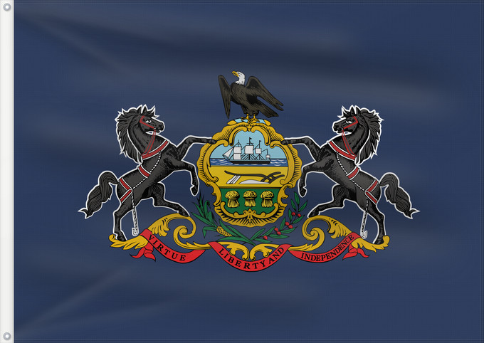 Drapeau, avec deux œillets métalliques et guindant renforcé : Pennsylvania Pennsylvanie Pensilvania Pennsylvanien ᎤᎩᏓᎵᏱ ᎦᏓᏘ Ka hae Penekelewinia ペンシルベニア州の旗 中文:賓夕法尼亞州州旗 Pennsilvaniae Pénsówéíniyah Hahoodzo bidah naatʼaʼí Pennsilfaani Флаг Пенсильвании Američke savezne države Pennsylvanie Pennsylvanias 賓夕法尼亞州州旗