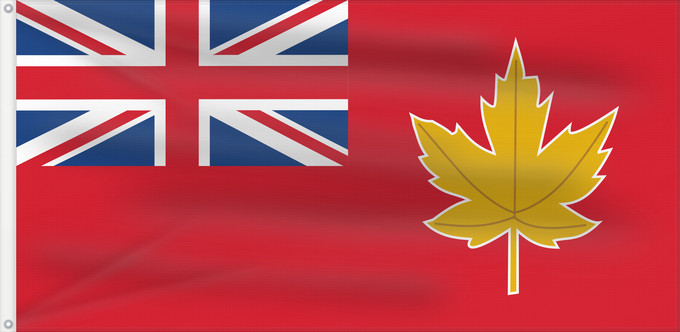Flag, with two metal eyelets and reinforced hoist: 1946 Canadian flag proposal Proposed Canadian flag in 1946; red ensign with a golden maple leaf badge