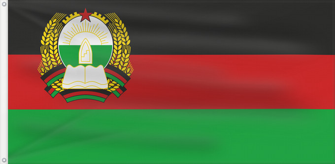 Drapeau, avec deux œillets métalliques et guindant renforcé : Afghanistan  1980-1987	Democratic Republic of Afghanistan  1980-1987	پرچم افغانستان، ۱۳۵۹-۱۳۶۶	د افغانستان بيرغ، ١٣٥٩-١٣٦٦