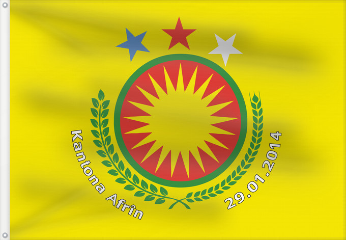 Drapeau, avec deux œillets métalliques et guindant renforcé : Afrin Canton Canton d'Afrin Cantón de Afrin Kanton Afrin Canton di Afrin