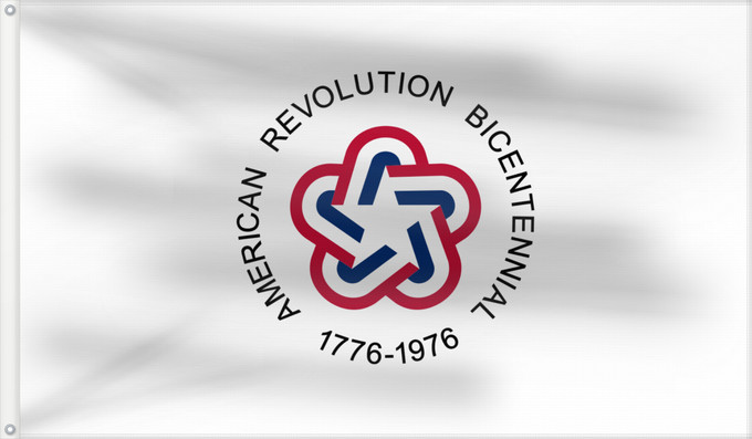 Drapeau, avec deux œillets métalliques et guindant renforcé : American revolution bicentennial	Bicentennial Logo/Flag Commissioned by the American Revolution Bicentennial Commission