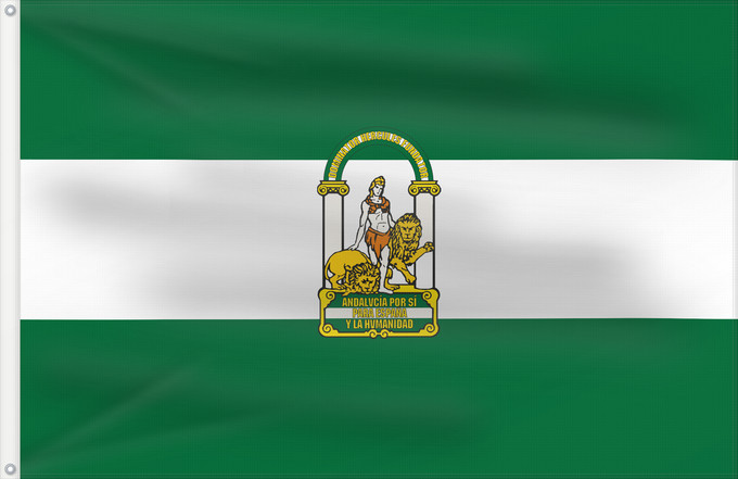 Drapeau, avec deux œillets métalliques et guindant renforcé : Andalucia	Autonoma Comunity of Andalusia  Spain	Andalousie	Comunidad Autonoma de Andalucía   España  Según la descripción La composición de tres franjas horizontales  verde	Andalusien	Andalusia