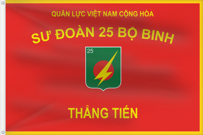Drapeau, avec deux œillets métalliques et guindant renforcé : ARVN 25th Division	25e Division ARVN	25ª División ARVN	25. Division der ARVN	25ª Divisione ARVN	ARVN 25th Infantry Division