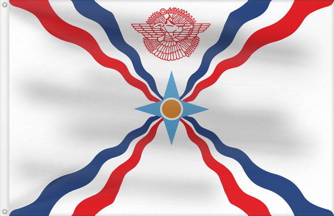 Drapeau, avec deux œillets métalliques et guindant renforcé : Assyrians	An unofficial flag of Assyria	Assyriens (non officiel)	Asirios (no oficial)	Assyrer (inoffiziell)	Assiri (non ufficiale)