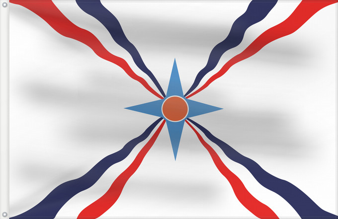 Flag, with two metal eyelets and reinforced hoist: Assyrian people	Assyrian people w/o the standard of King Sargon I in the upper field	Peuple assyrien (sans l'étendard du roi Sargon Ier dans la partie supérieure)	Pueblo asirio (sin el estandarte del rey Sargón I en el campo superior)	Assyrer (ohne die St