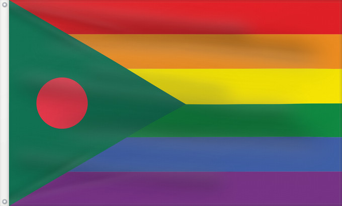 Drapeau, avec deux œillets métalliques et guindant renforcé : Bangladesh LGBT rainbow	Bangladesh LGBT rainbow flag	Drapeau arc-en-ciel LGBT du Bangladesh	Bandera arcoíris LGBT de Bangladesh	Bangladesch LGBT Regenbogenflagge	Bandiera arcobaleno LGBT del Bangladesh	A rainbow flag for Bangladeshi LGBT people designed b