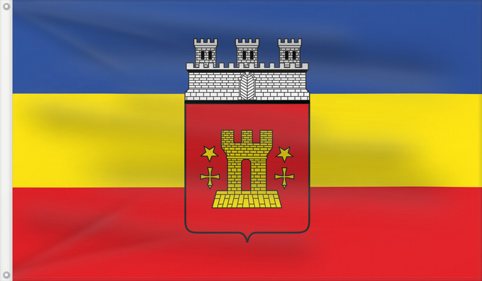 Drapeau, avec deux œillets métalliques et guindant renforcé : Bitburg	Beschreibung der Flagge  Die Flagge der Stadt Bitburg ist blau-gelb-rot und quergestreift mit dem Wappen in der Mitte des Tuches